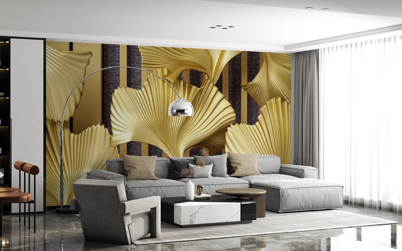 Papier peint feuilles de fougère en or