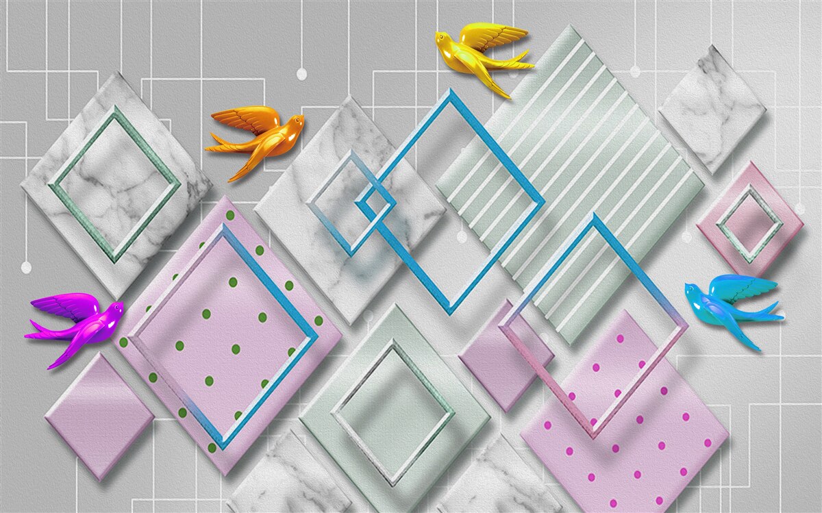 Papier peint abstraction multicolore d'oiseaux et de personnages