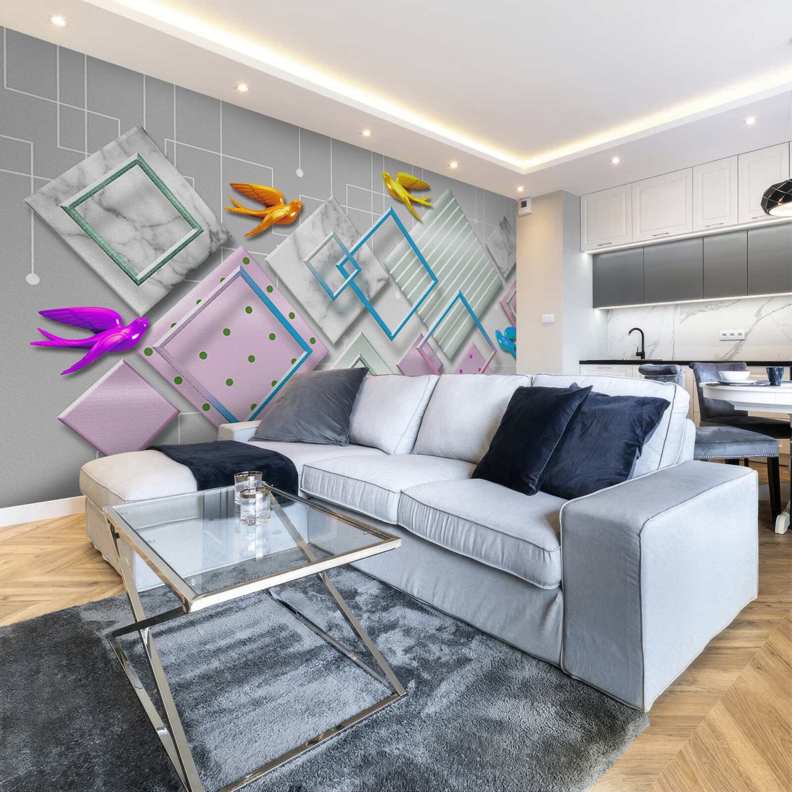 Papier peint abstraction multicolore d'oiseaux et de personnages