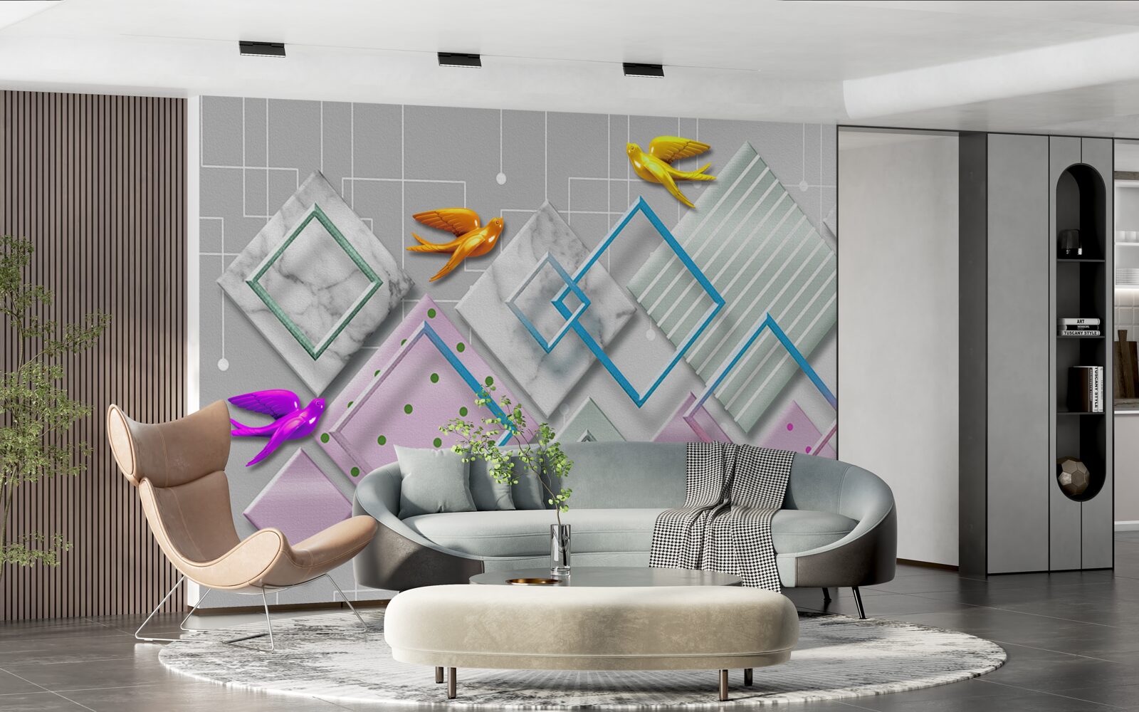 Papier peint abstraction multicolore d'oiseaux et de personnages