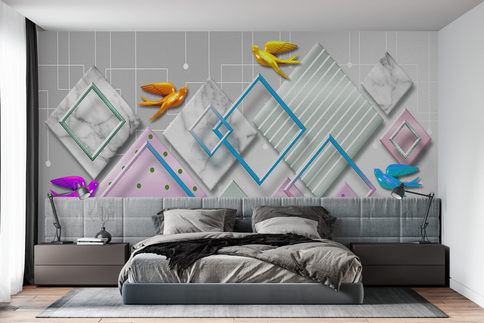 Papier peint abstraction multicolore d'oiseaux et de personnages