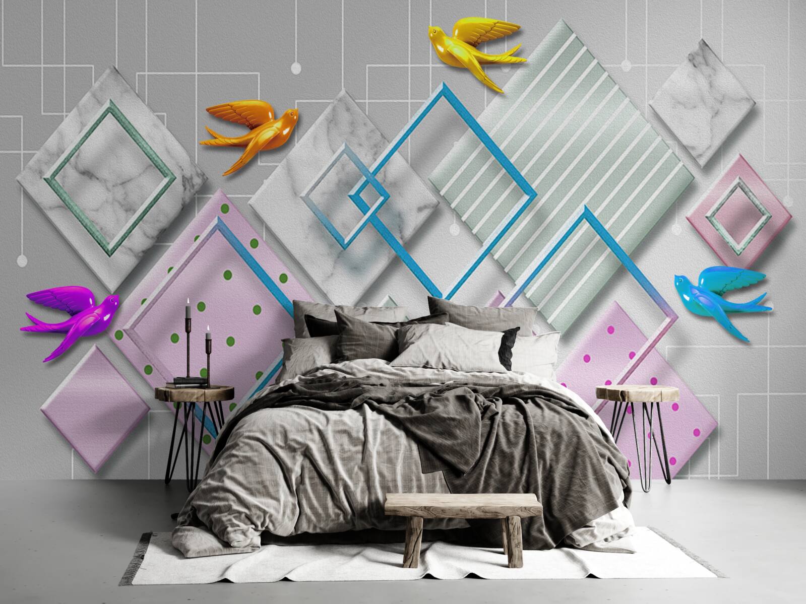 Papier peint abstraction multicolore d'oiseaux et de personnages