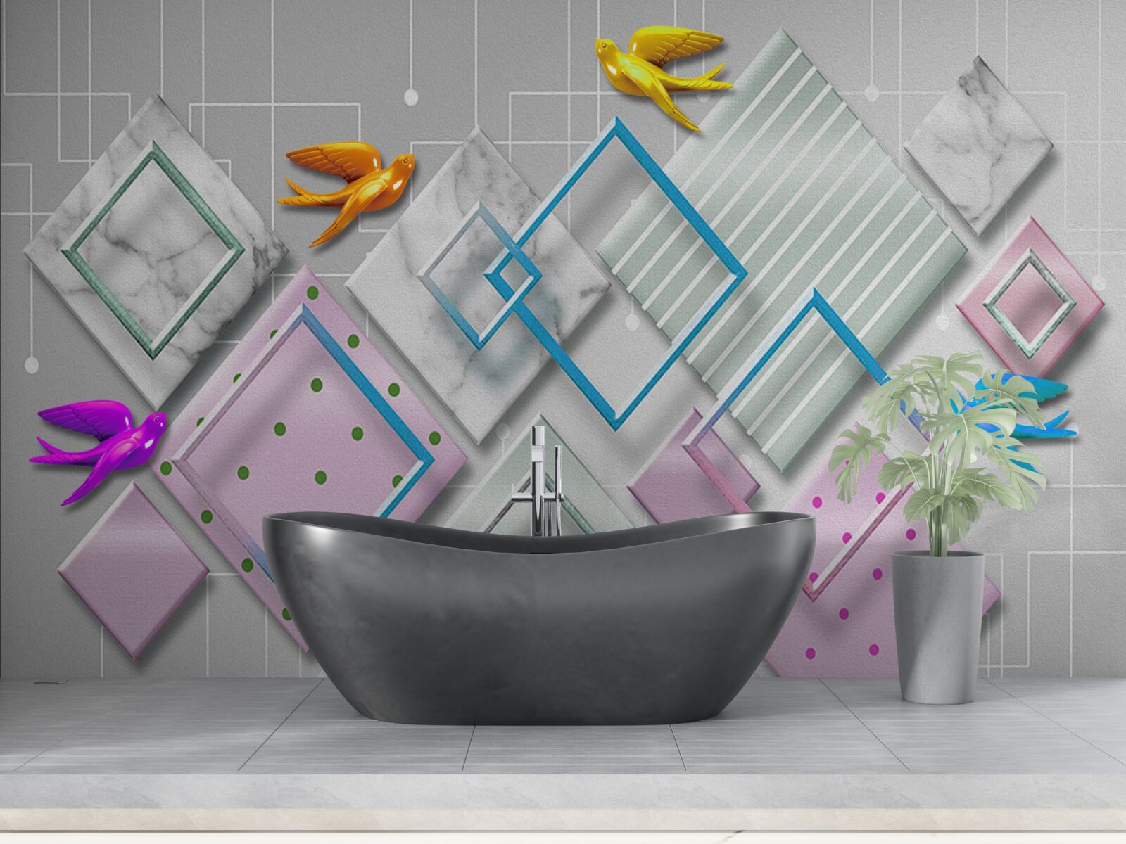 Papier peint abstraction multicolore d'oiseaux et de personnages