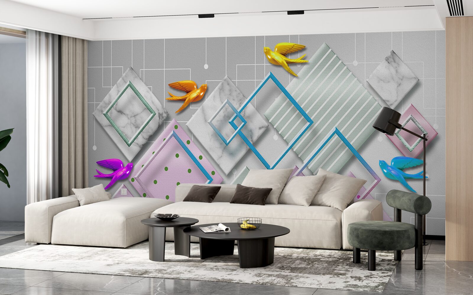 Papier peint abstraction multicolore d'oiseaux et de personnages