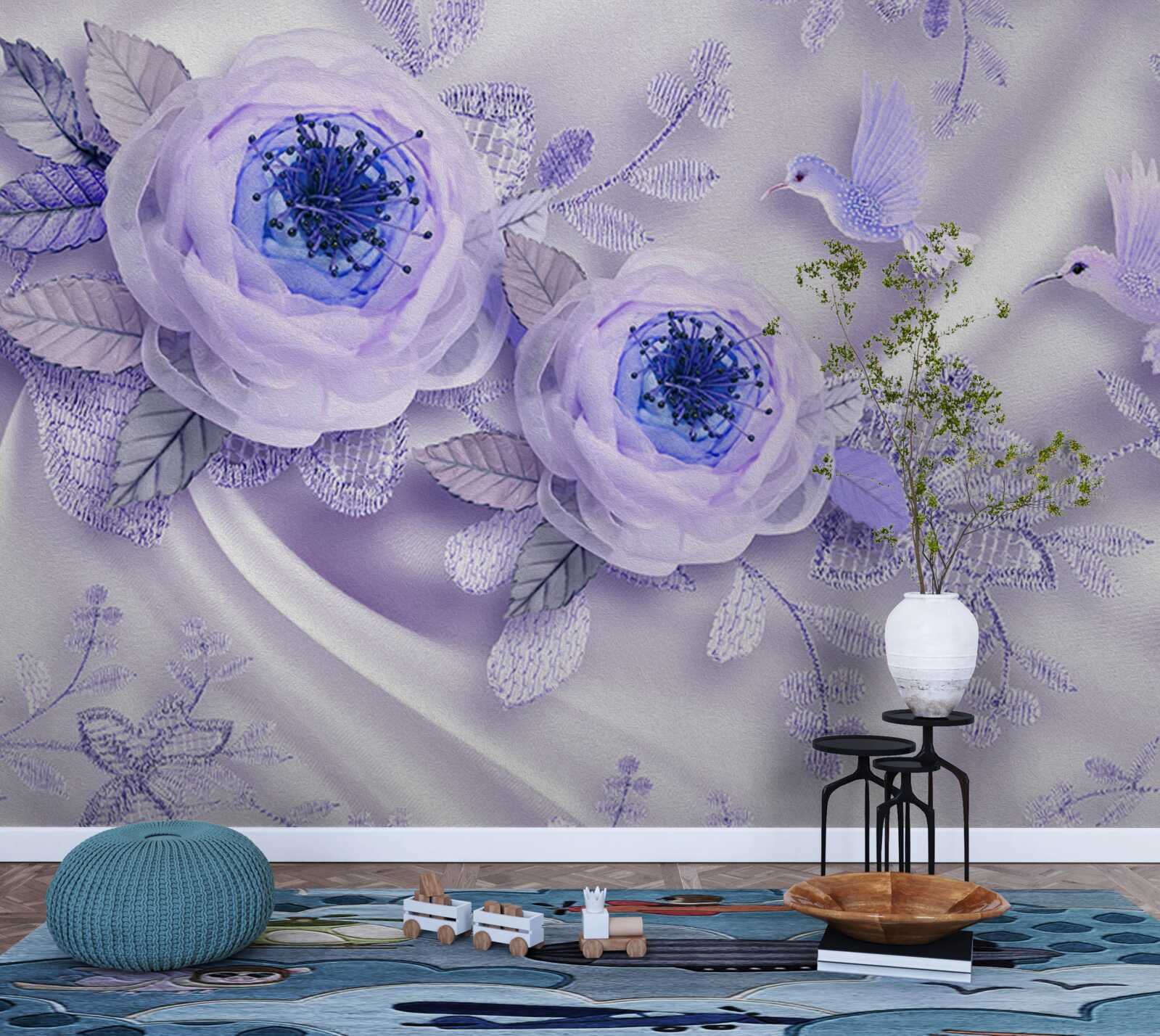 Papier peint des diamants ornent une rose blanche sur un tissu de soie