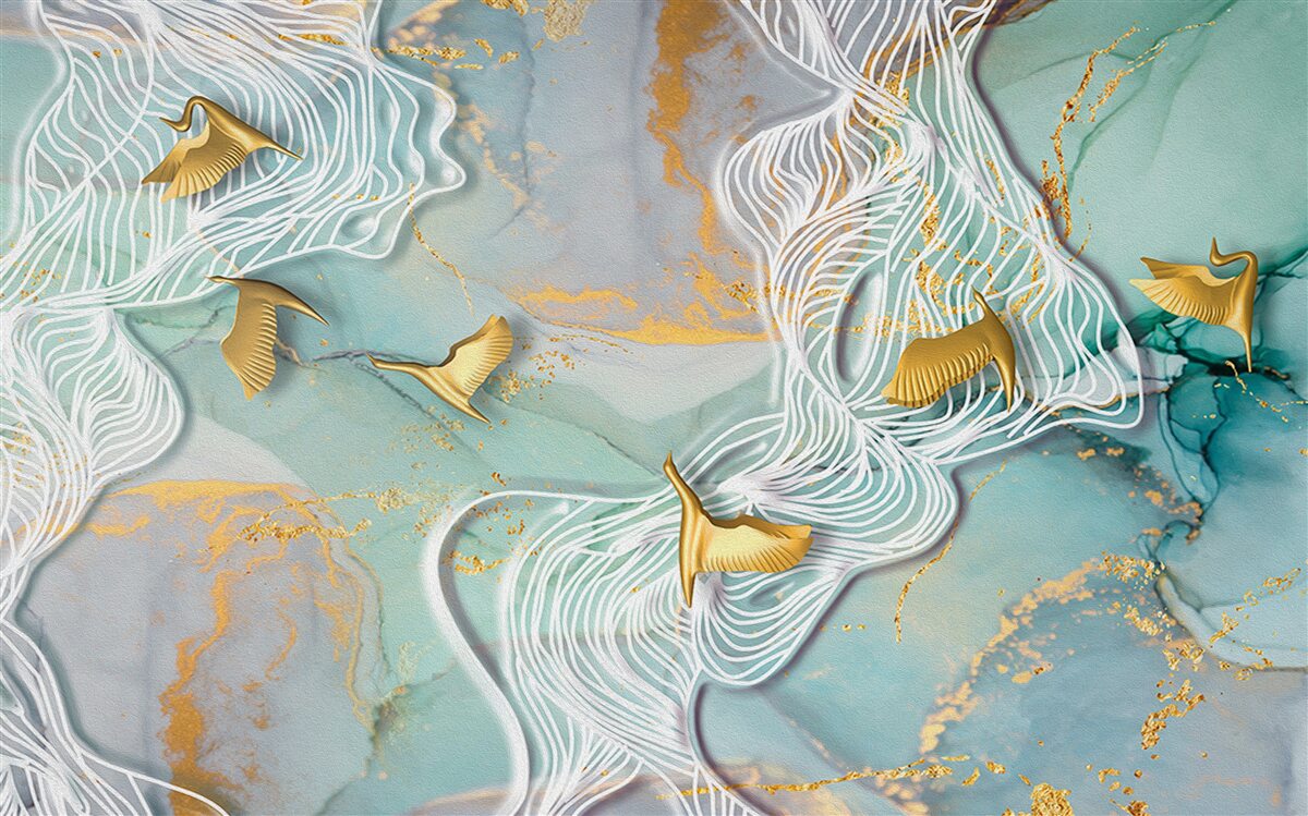 Papier peint des oiseaux dorés s'envolent dans le ciel