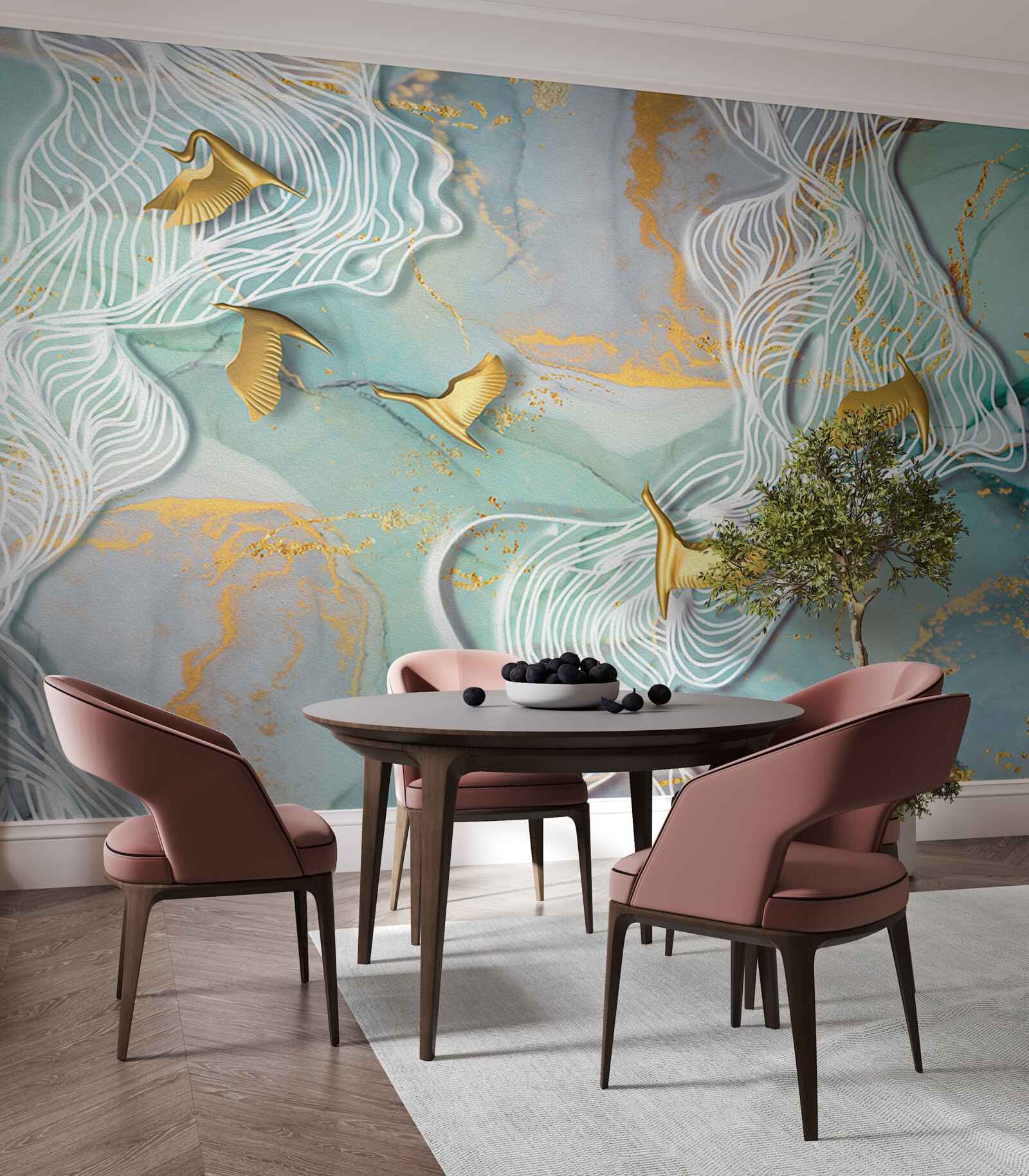 Papier peint des oiseaux dorés s'envolent dans le ciel