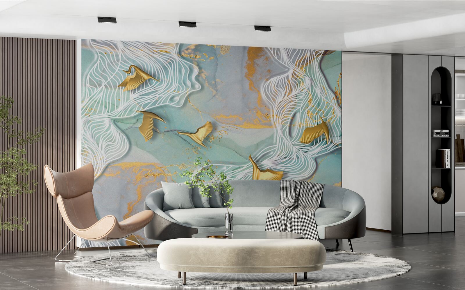 Papier peint des oiseaux dorés s'envolent dans le ciel