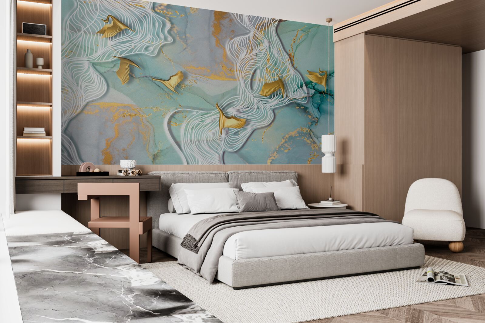 Papier peint des oiseaux dorés s'envolent dans le ciel