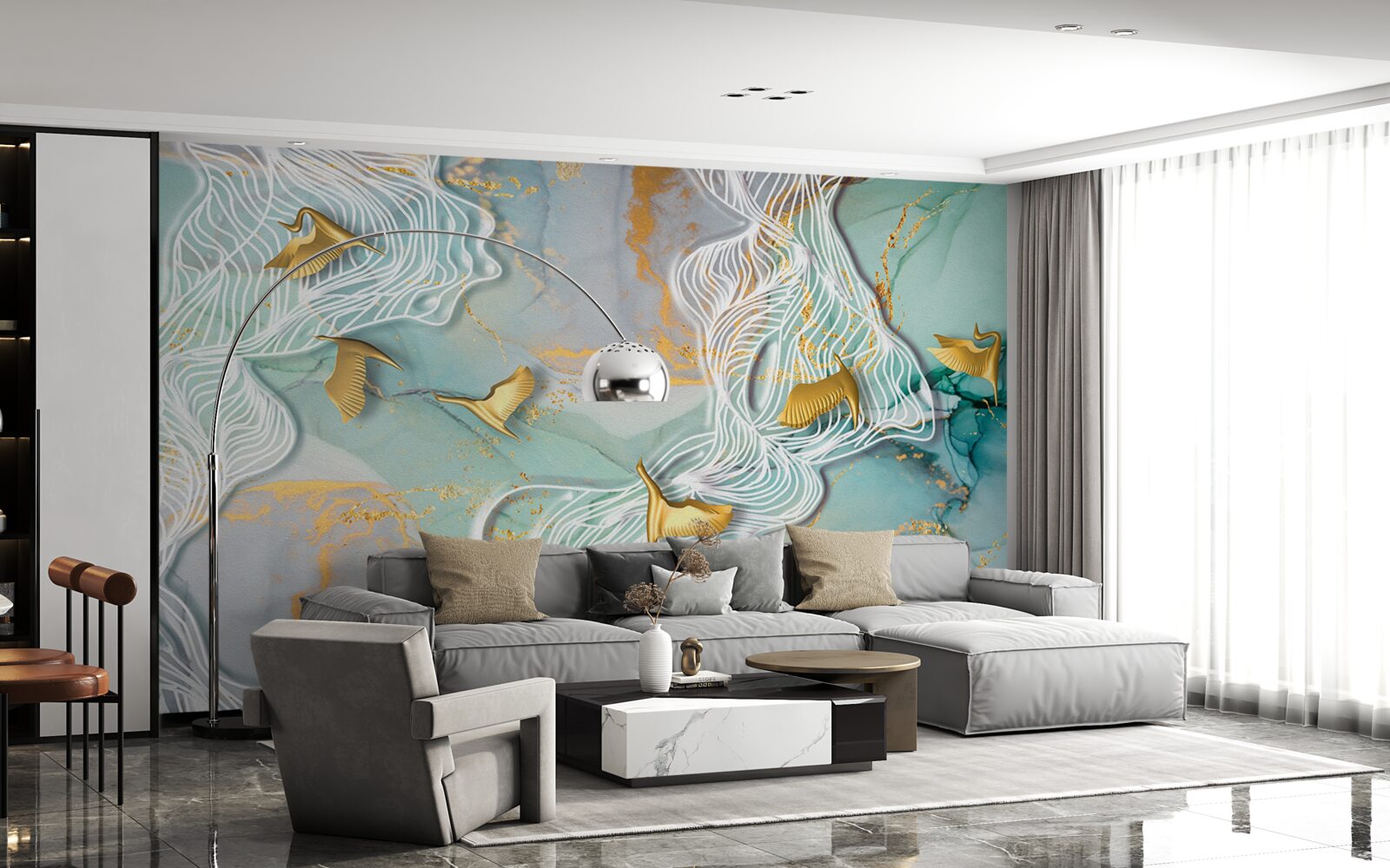 Papier peint des oiseaux dorés s'envolent dans le ciel