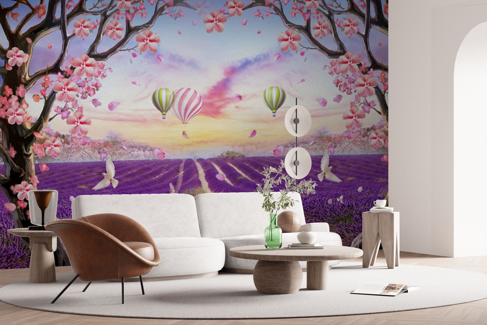Papier peint des ballons planant au-dessus des champs de lavande