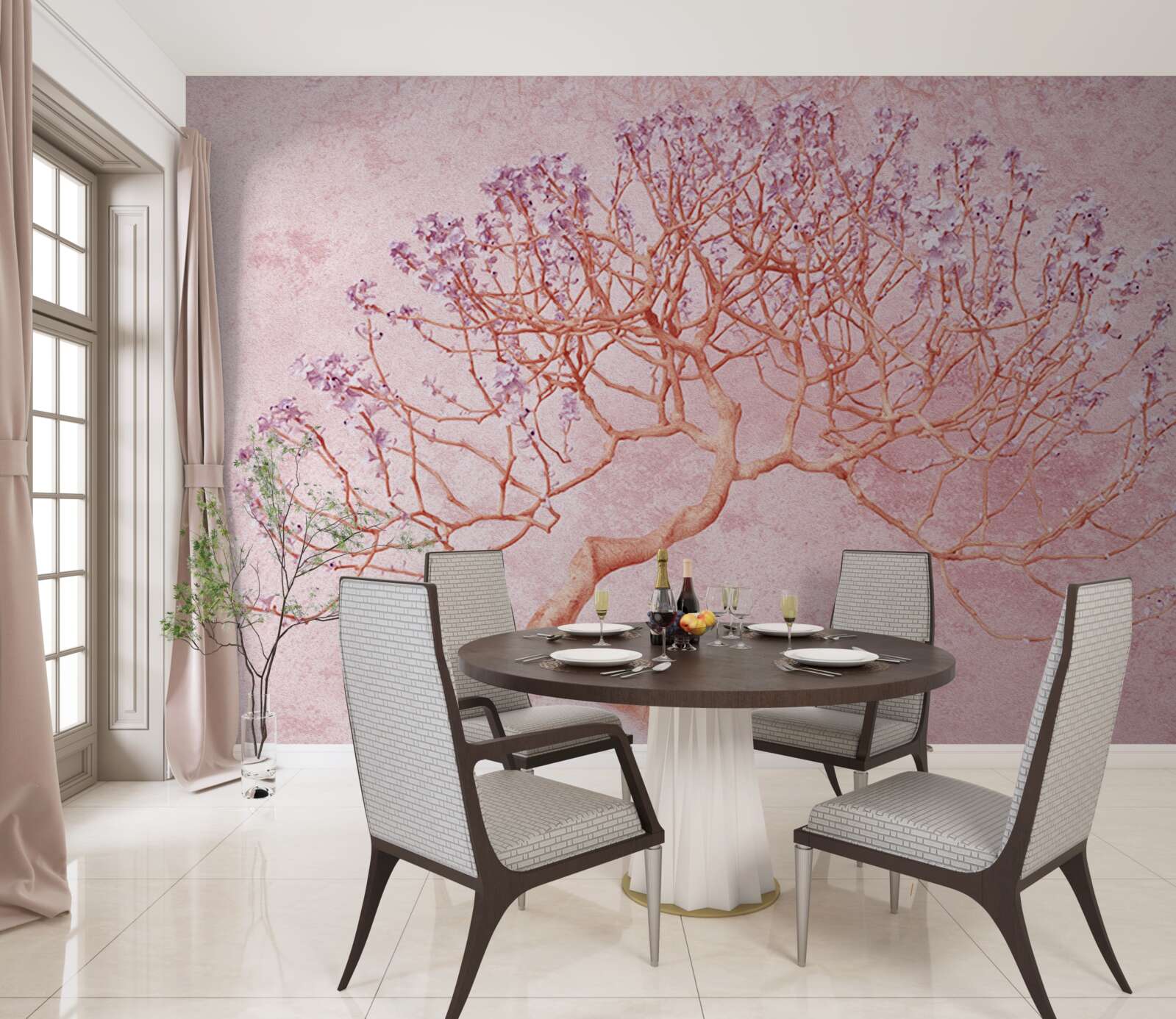 Papier peint arbre à fleurs avec des fleurs roses délicates