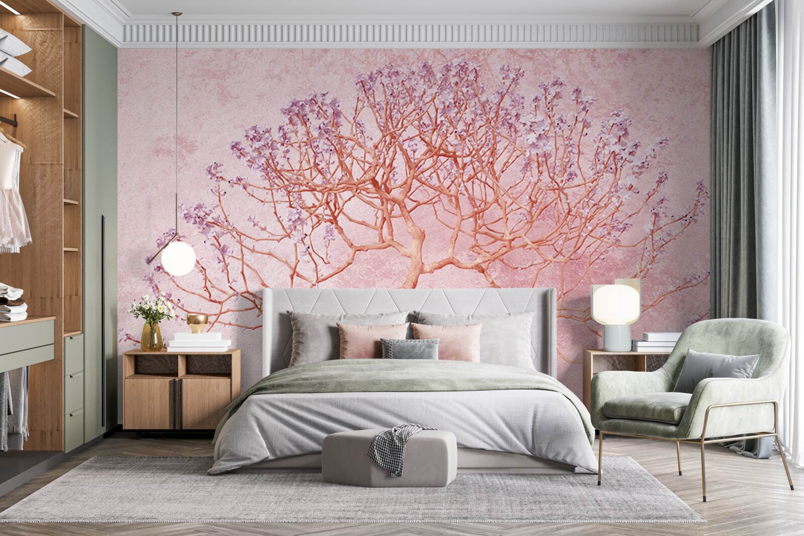 Papier peint arbre à fleurs avec des fleurs roses délicates