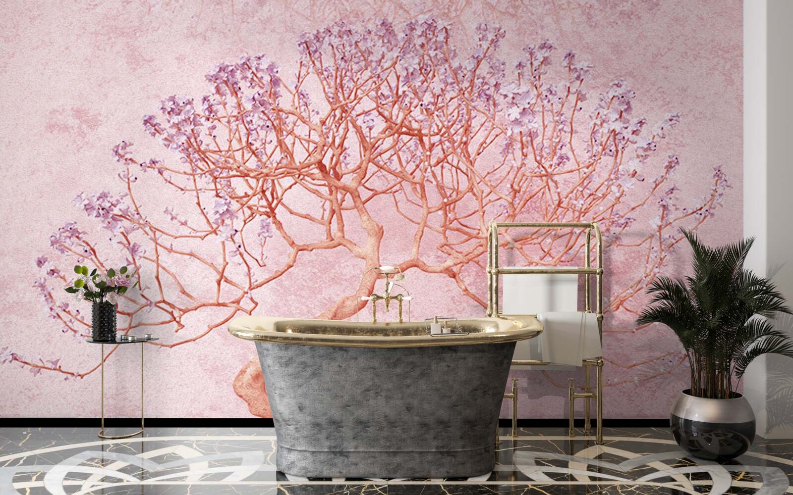 Papier peint arbre à fleurs avec des fleurs roses délicates