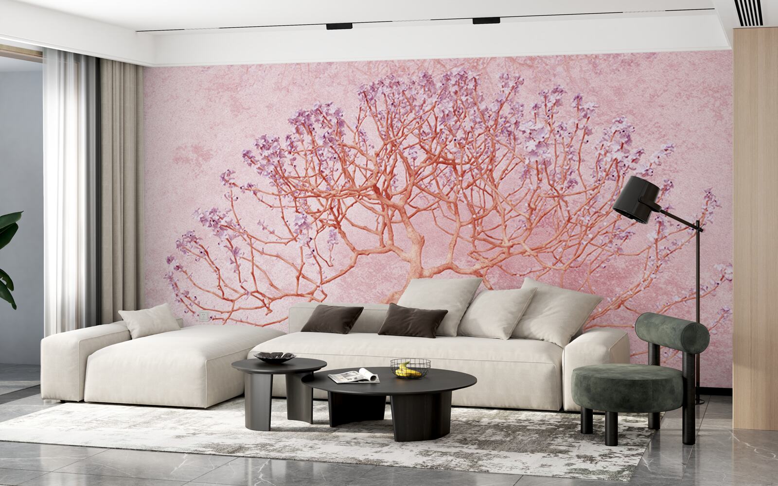 Papier peint arbre à fleurs avec des fleurs roses délicates