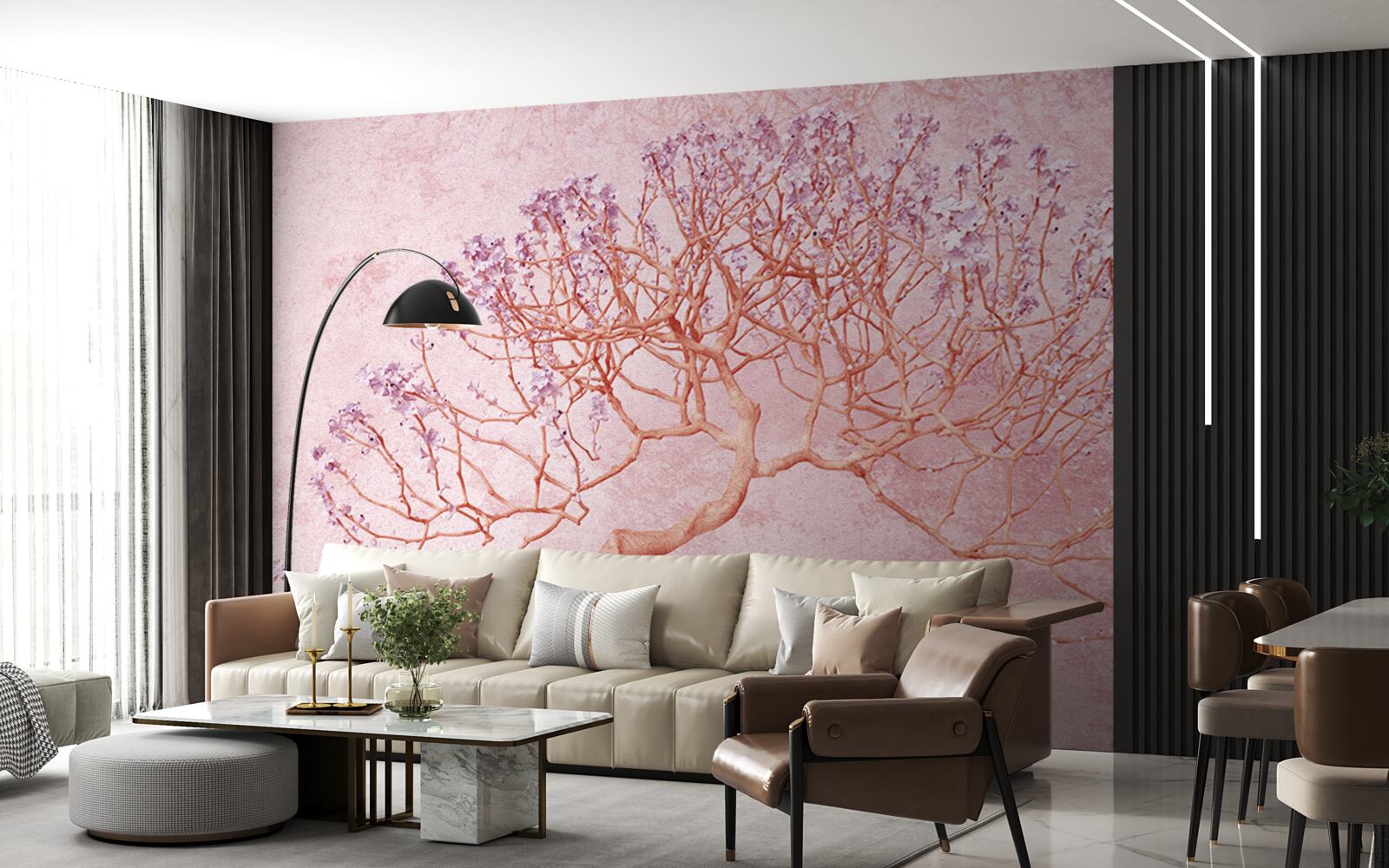 Papier peint arbre à fleurs avec des fleurs roses délicates