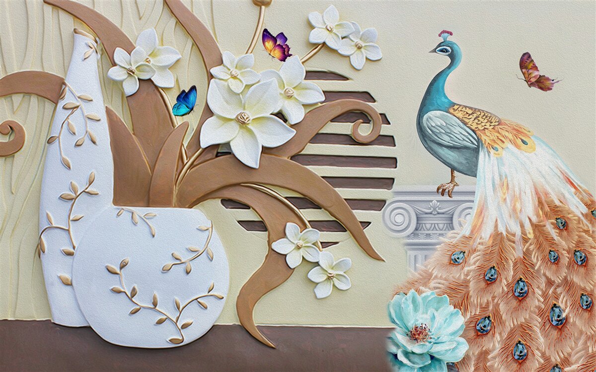 Papier peint luxe floral et paon à la queue magnifique