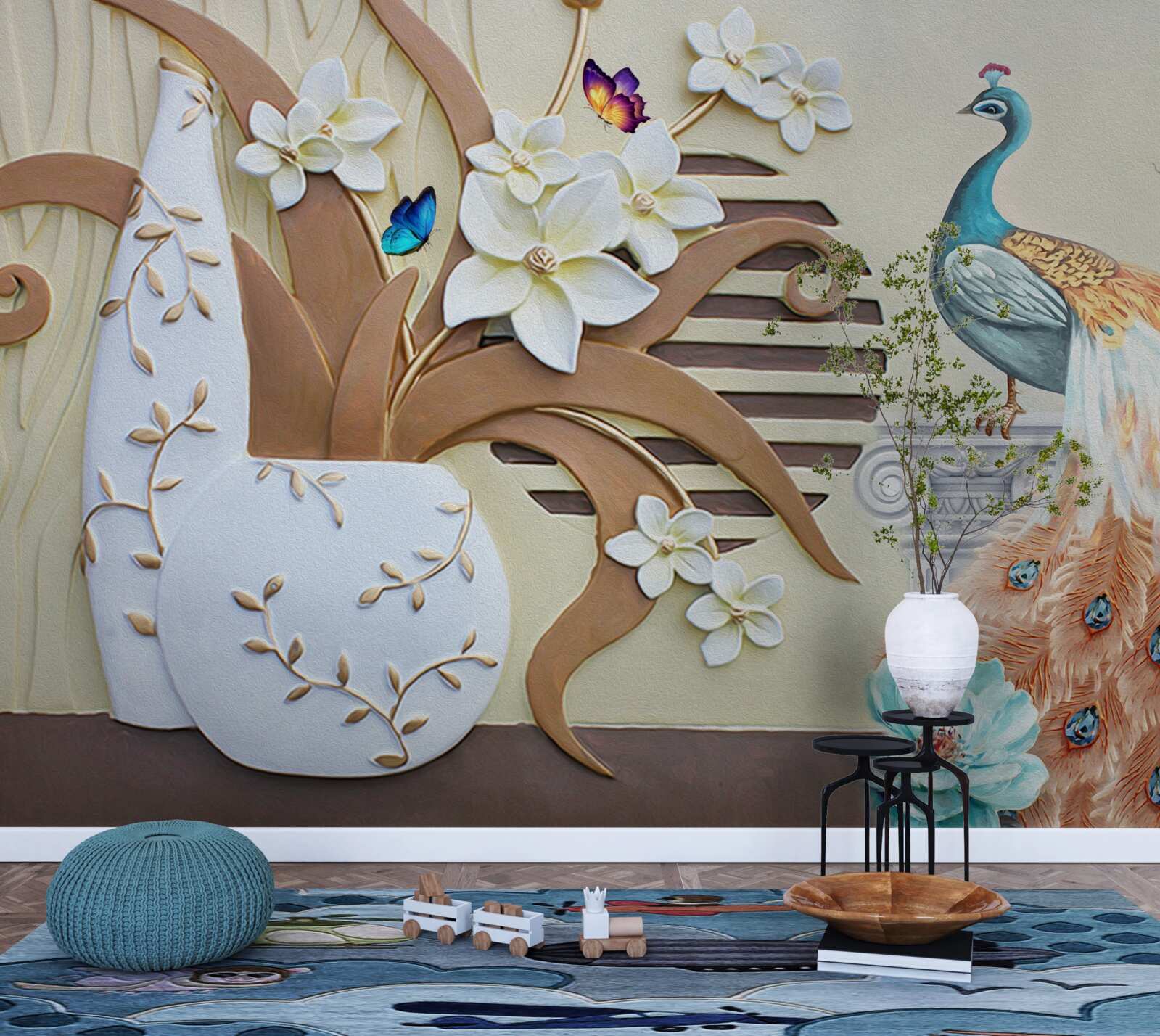 Papier peint luxe floral et paon à la queue magnifique