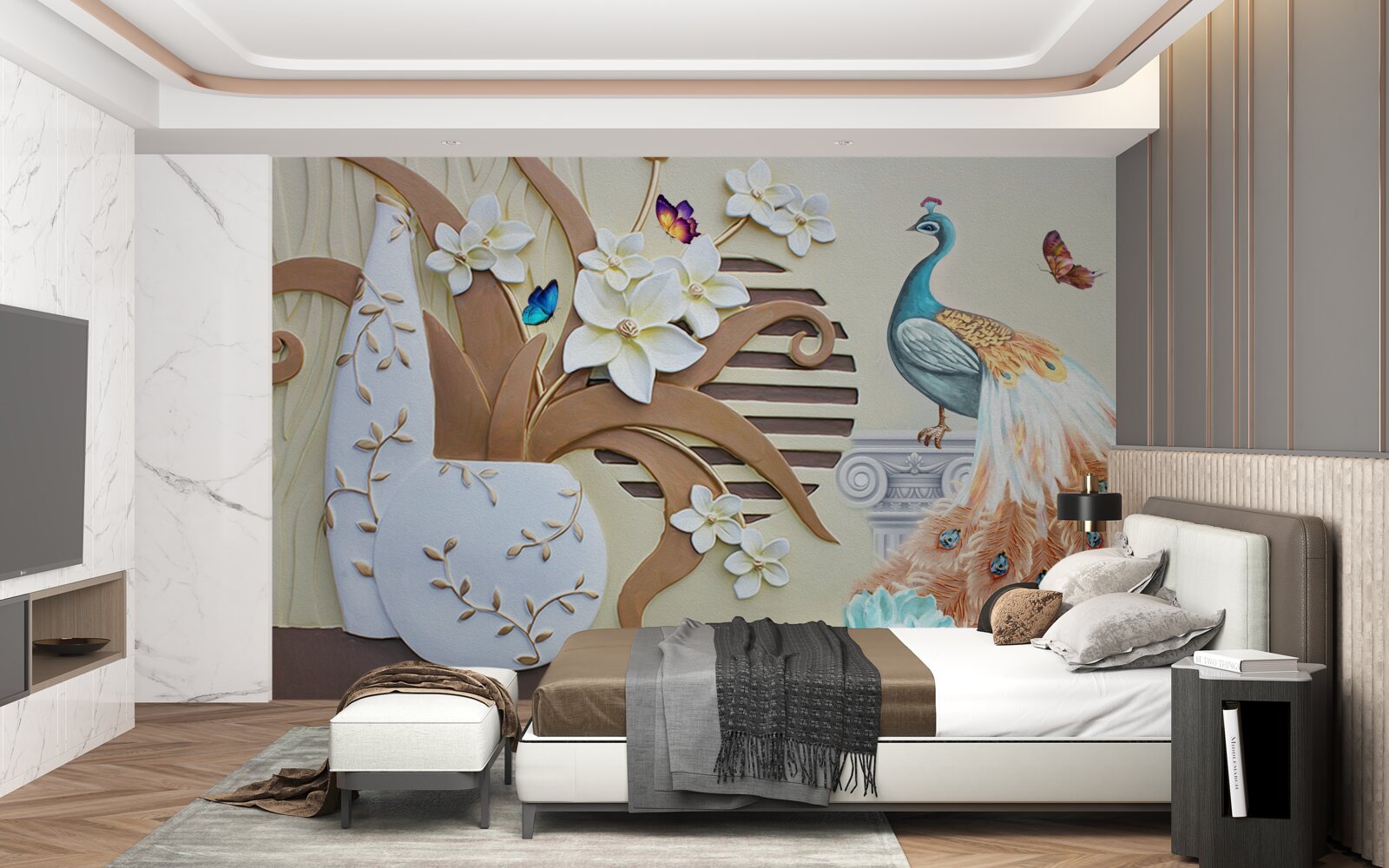 Papier peint luxe floral et paon à la queue magnifique