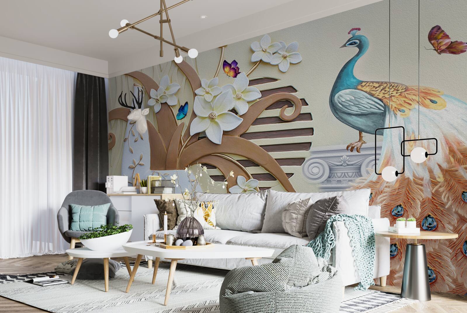 Papier peint luxe floral et paon à la queue magnifique