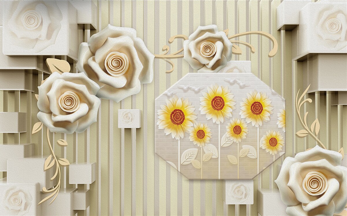 Papier peint rose or pâle et tournesols