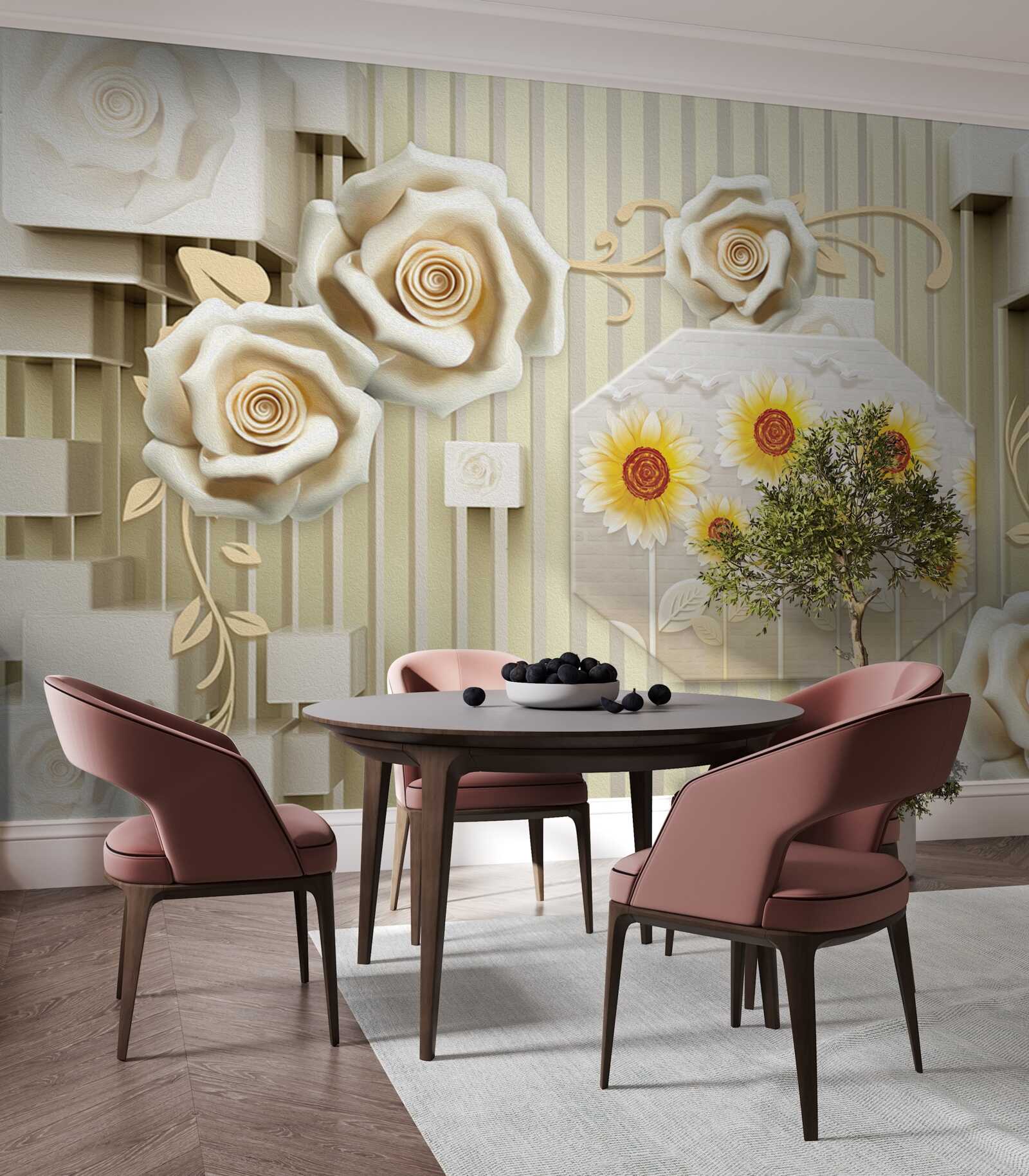 Papier peint rose or pâle et tournesols