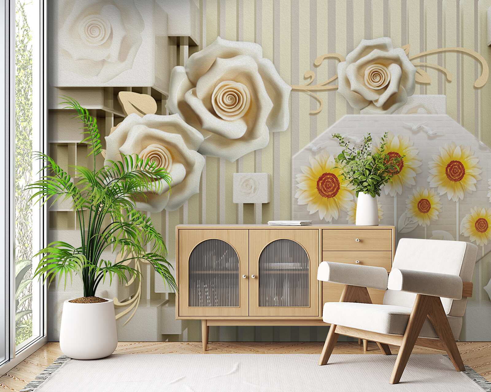 Papier peint rose or pâle et tournesols