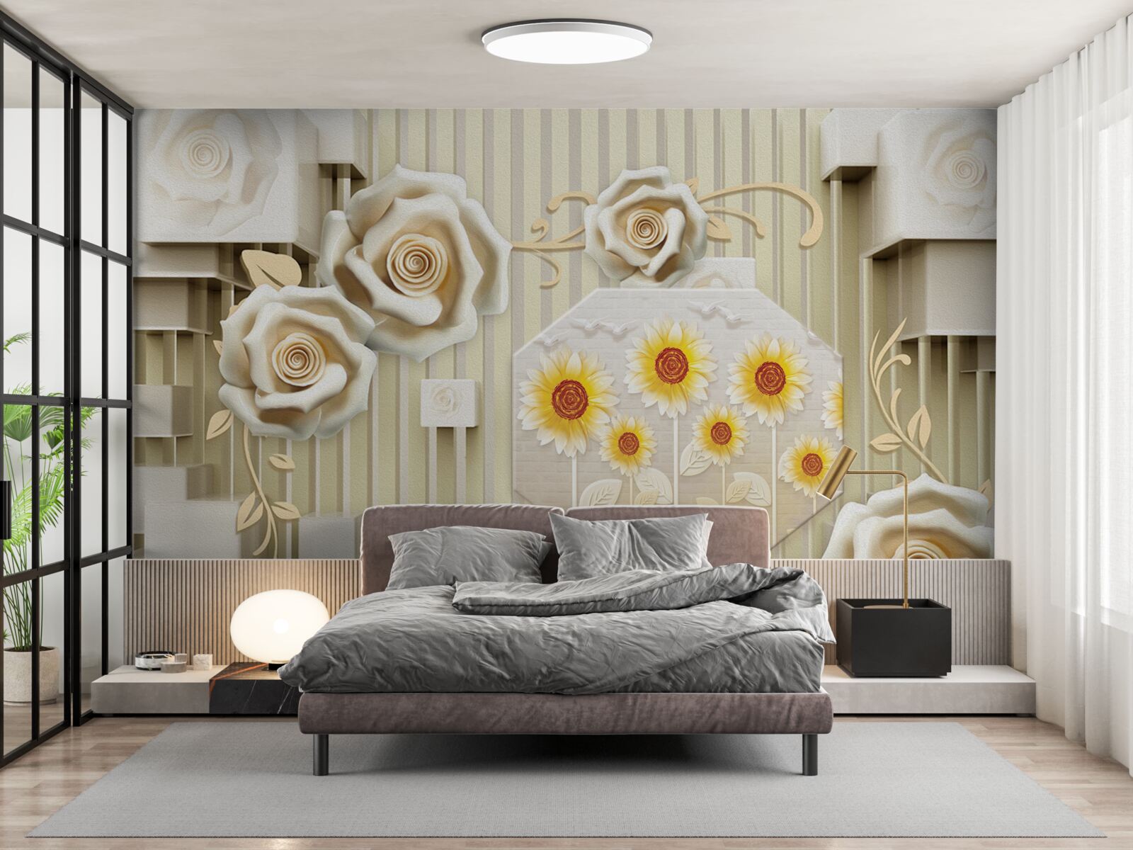 Papier peint rose or pâle et tournesols