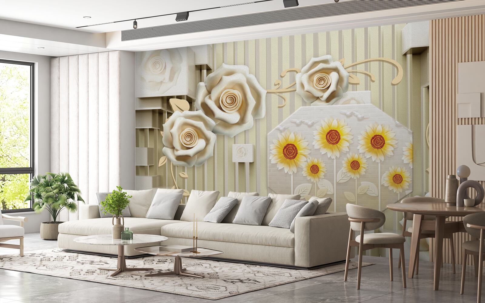 Papier peint rose or pâle et tournesols