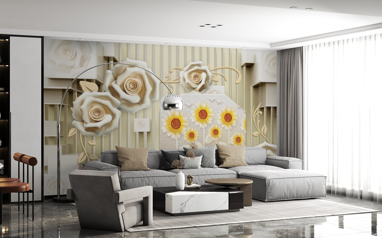 Papier peint rose or pâle et tournesols