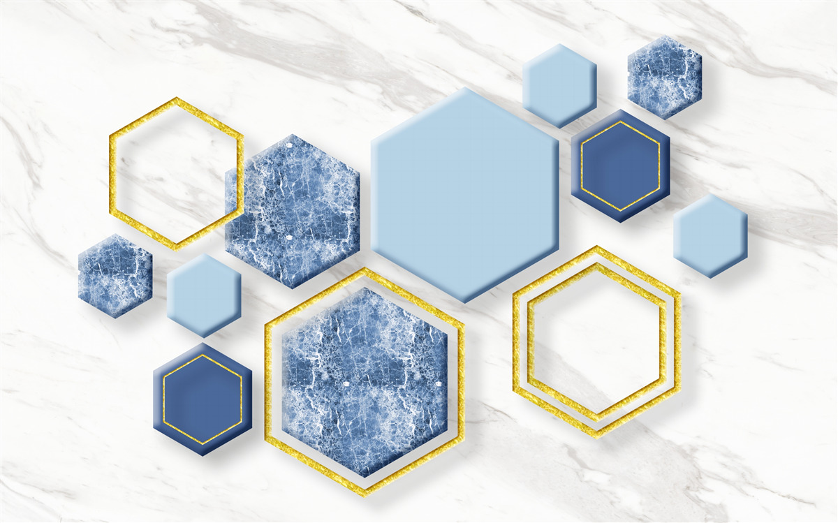 Papier peint images pentagonales en marbre avec des arêtes dorées