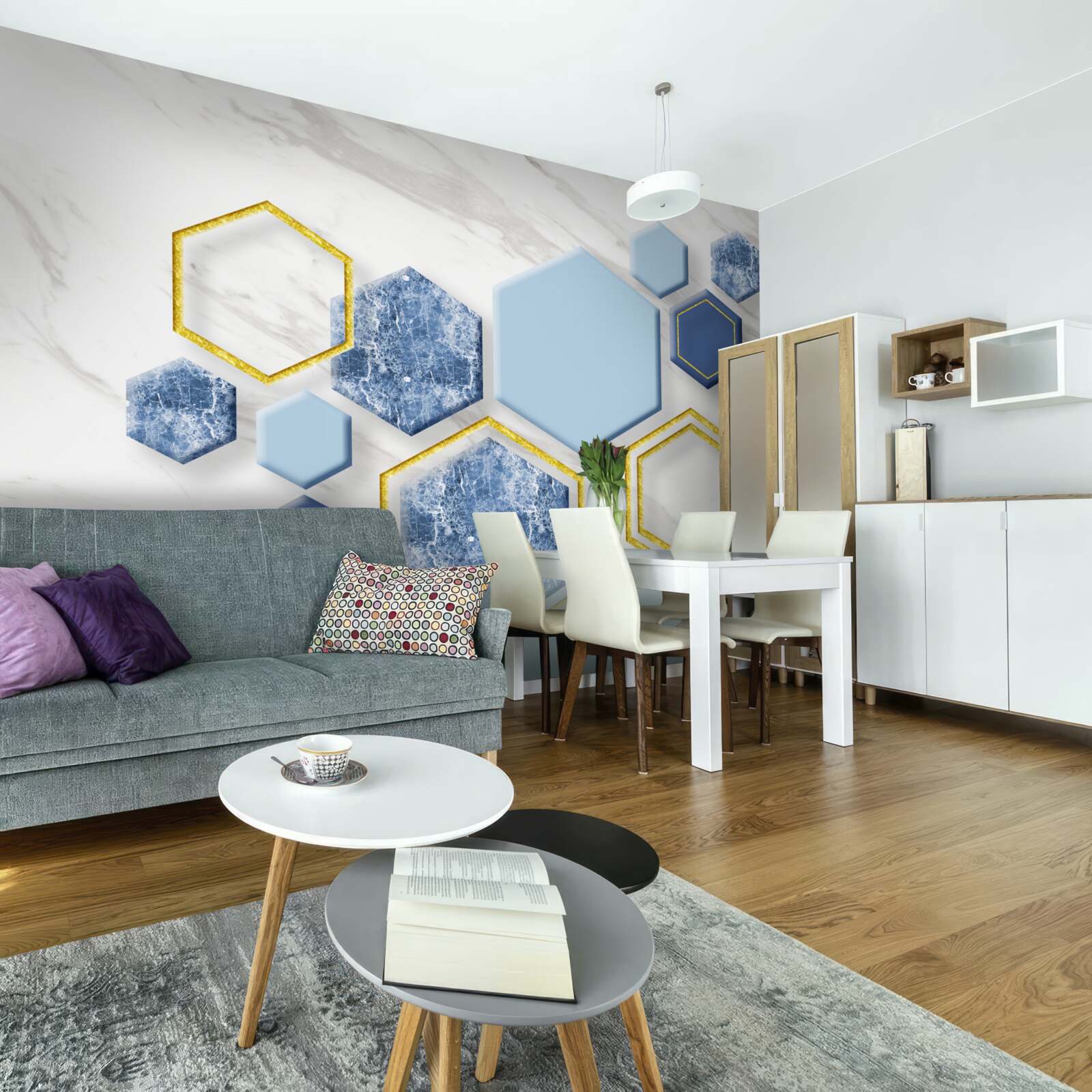 Papier peint images pentagonales en marbre avec des arêtes dorées