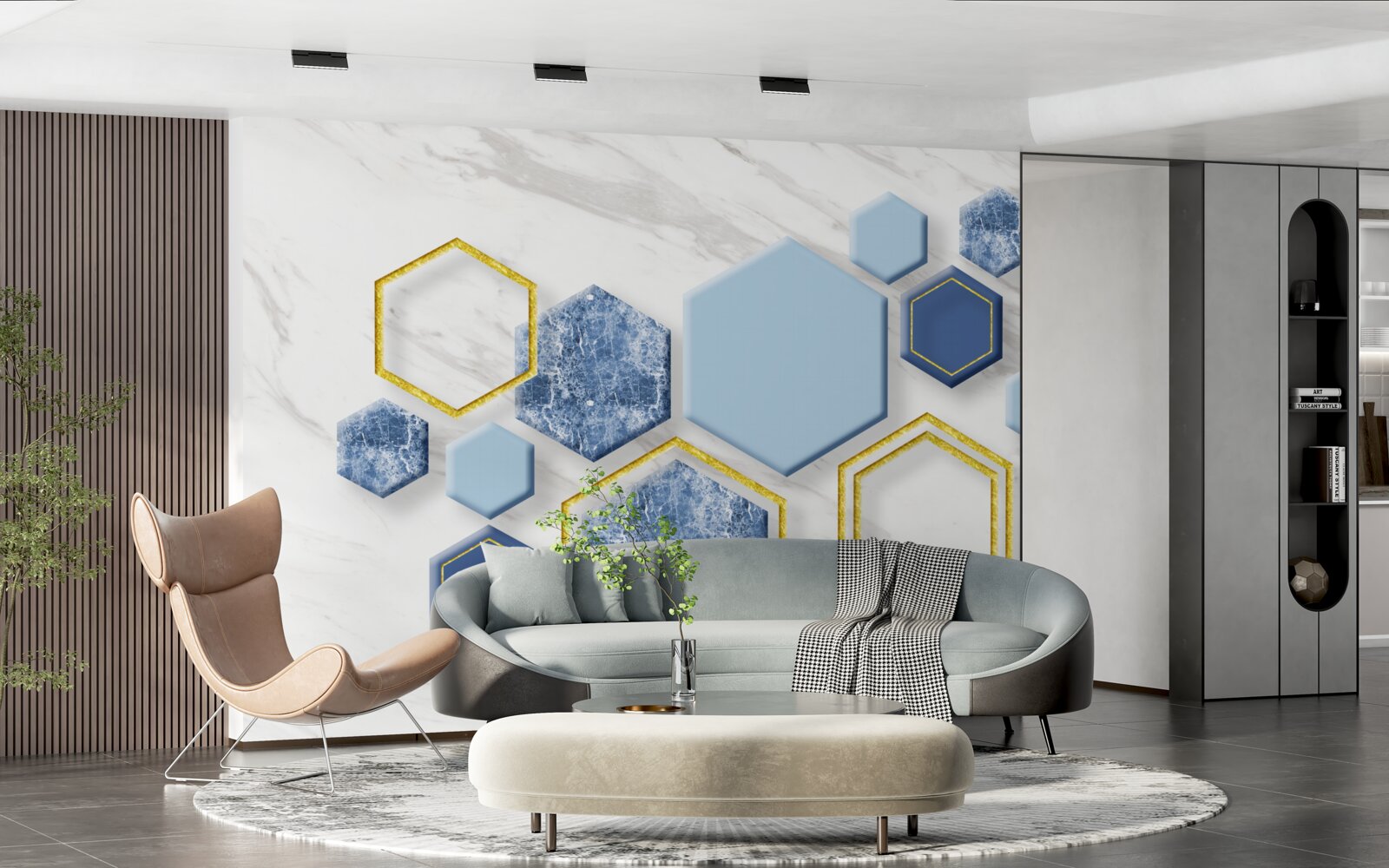 Papier peint images pentagonales en marbre avec des arêtes dorées