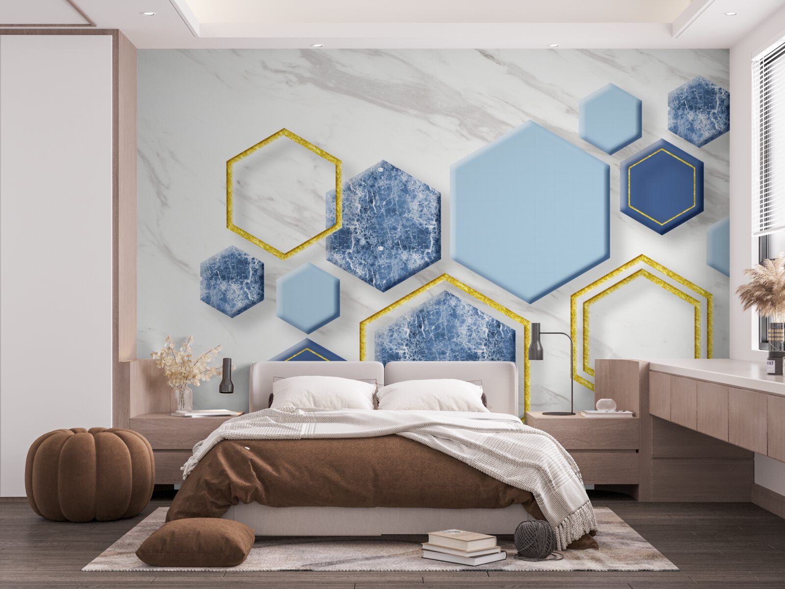 Papier peint images pentagonales en marbre avec des arêtes dorées