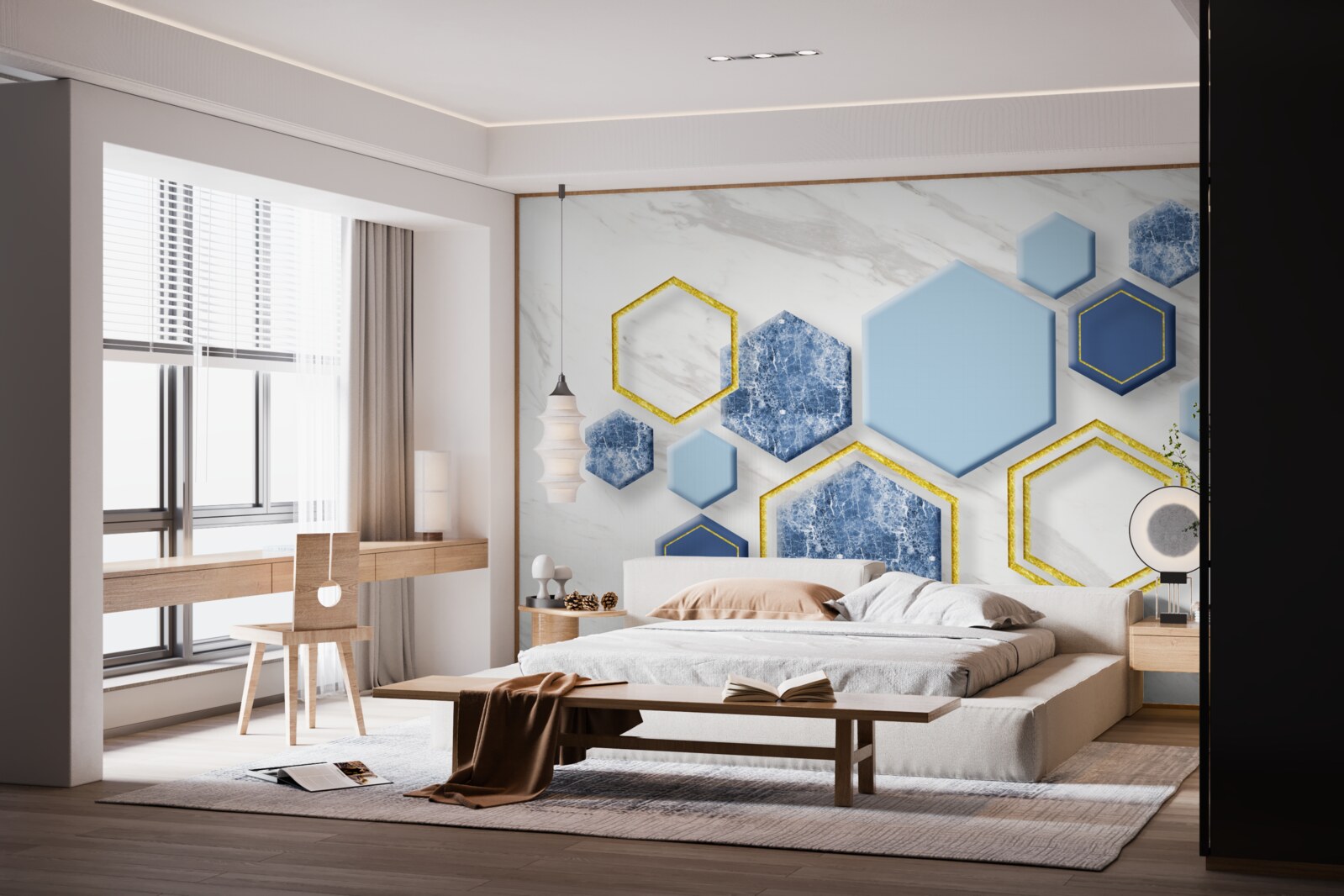 Papier peint images pentagonales en marbre avec des arêtes dorées