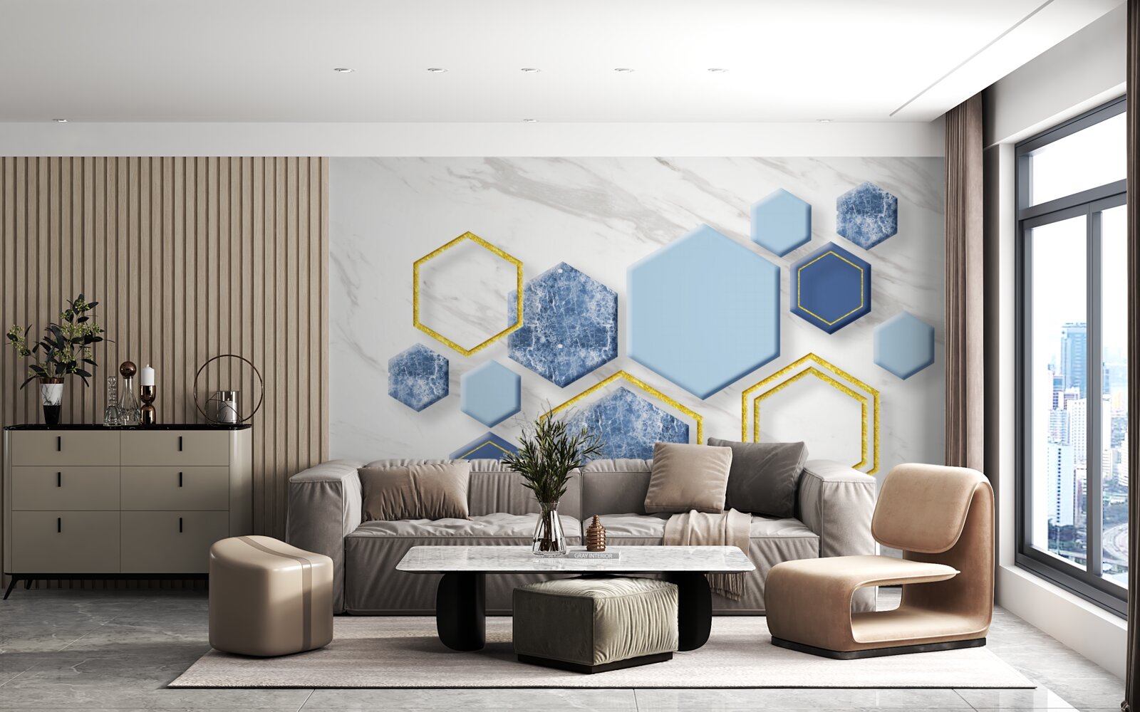 Papier peint images pentagonales en marbre avec des arêtes dorées