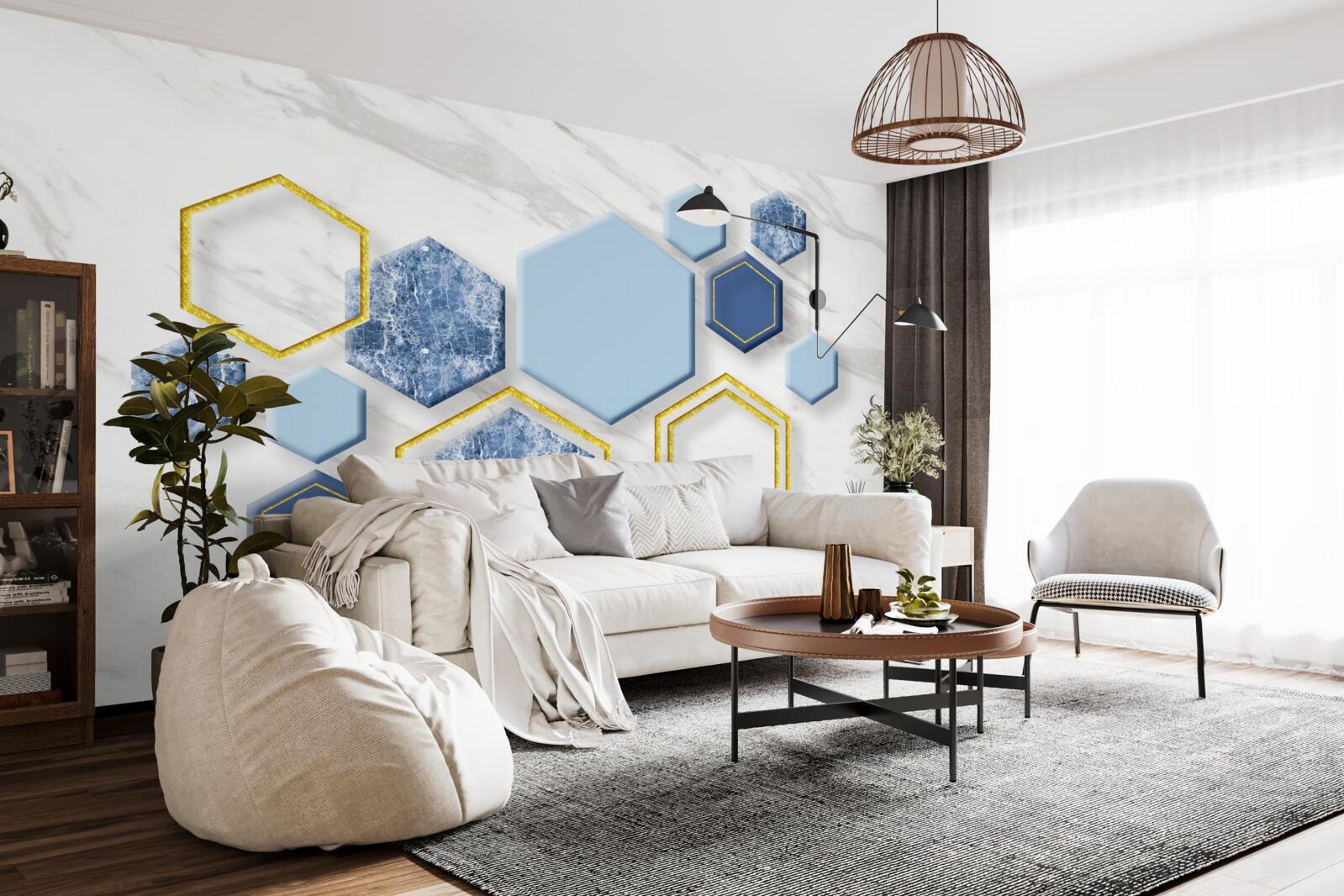 Papier peint images pentagonales en marbre avec des arêtes dorées