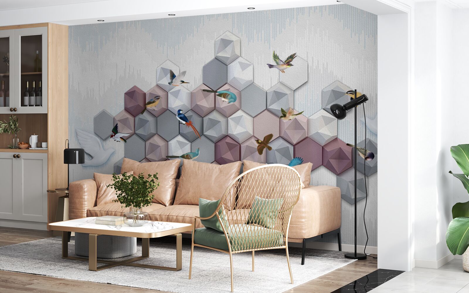 Papier peint particules en forme de pentagone