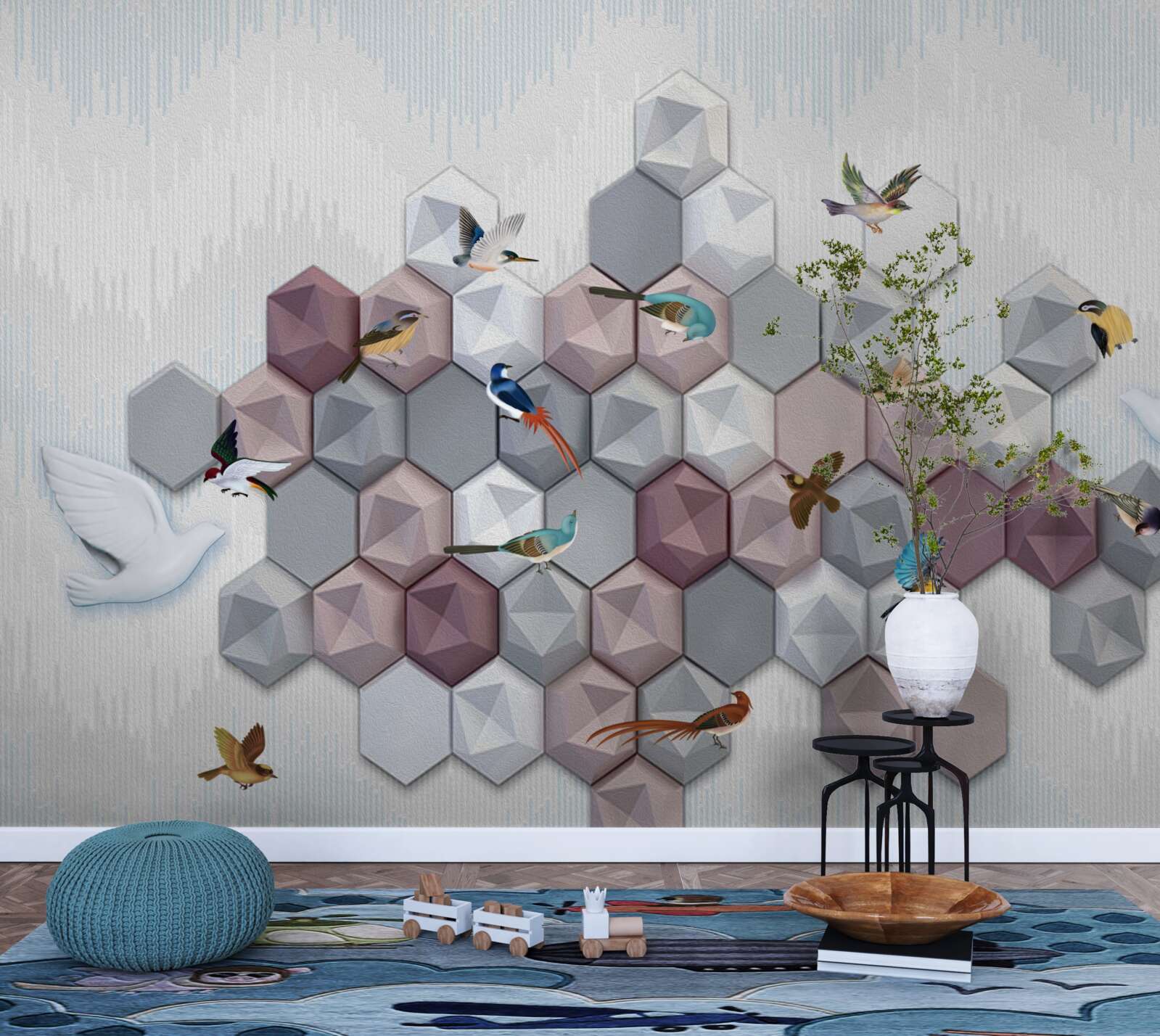 Papier peint particules en forme de pentagone