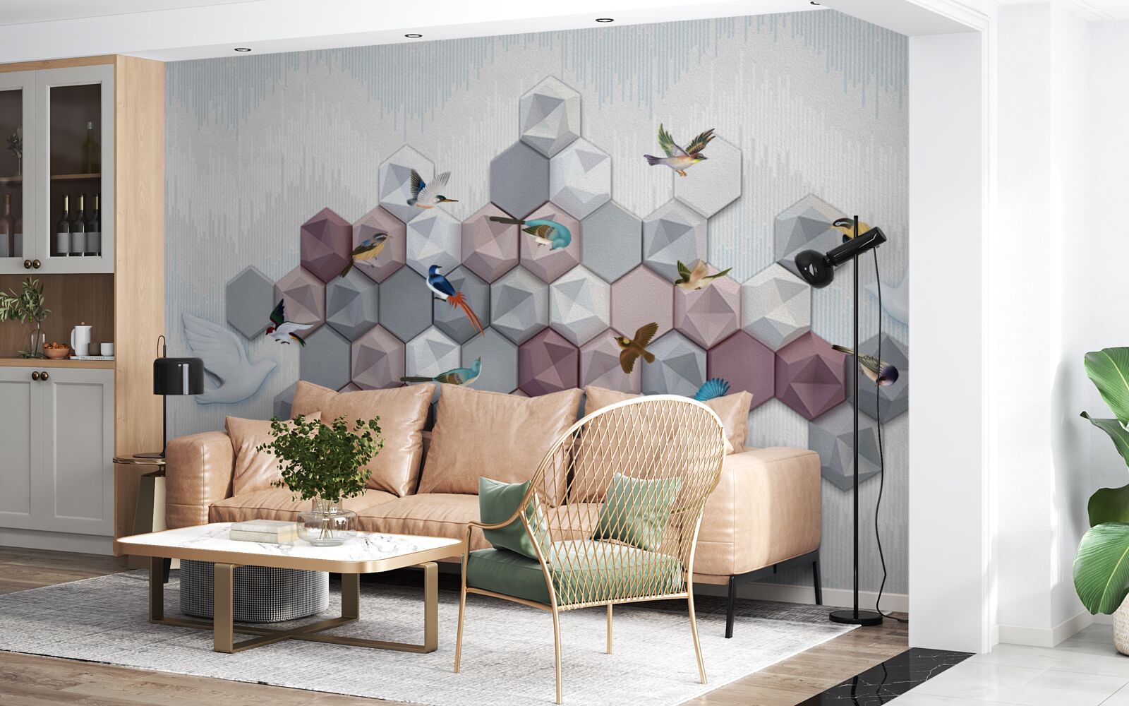 Papier peint particules en forme de pentagone