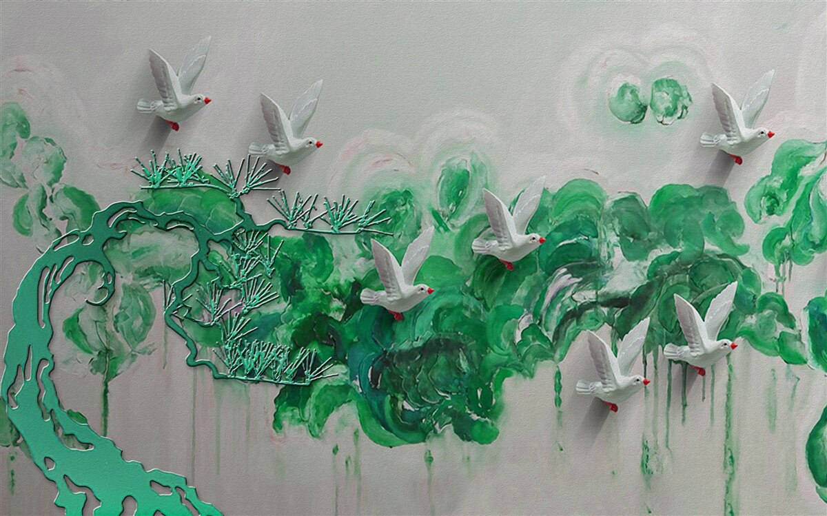 Papier peint oiseaux blancs et feuilles vertes