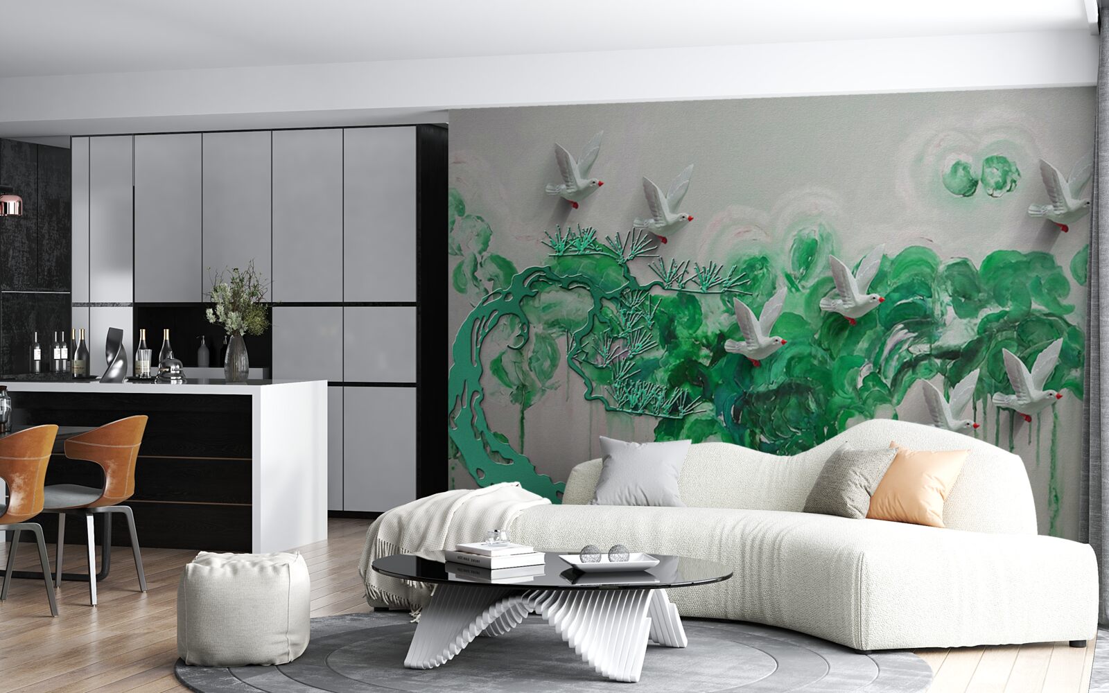 Papier peint oiseaux blancs et feuilles vertes