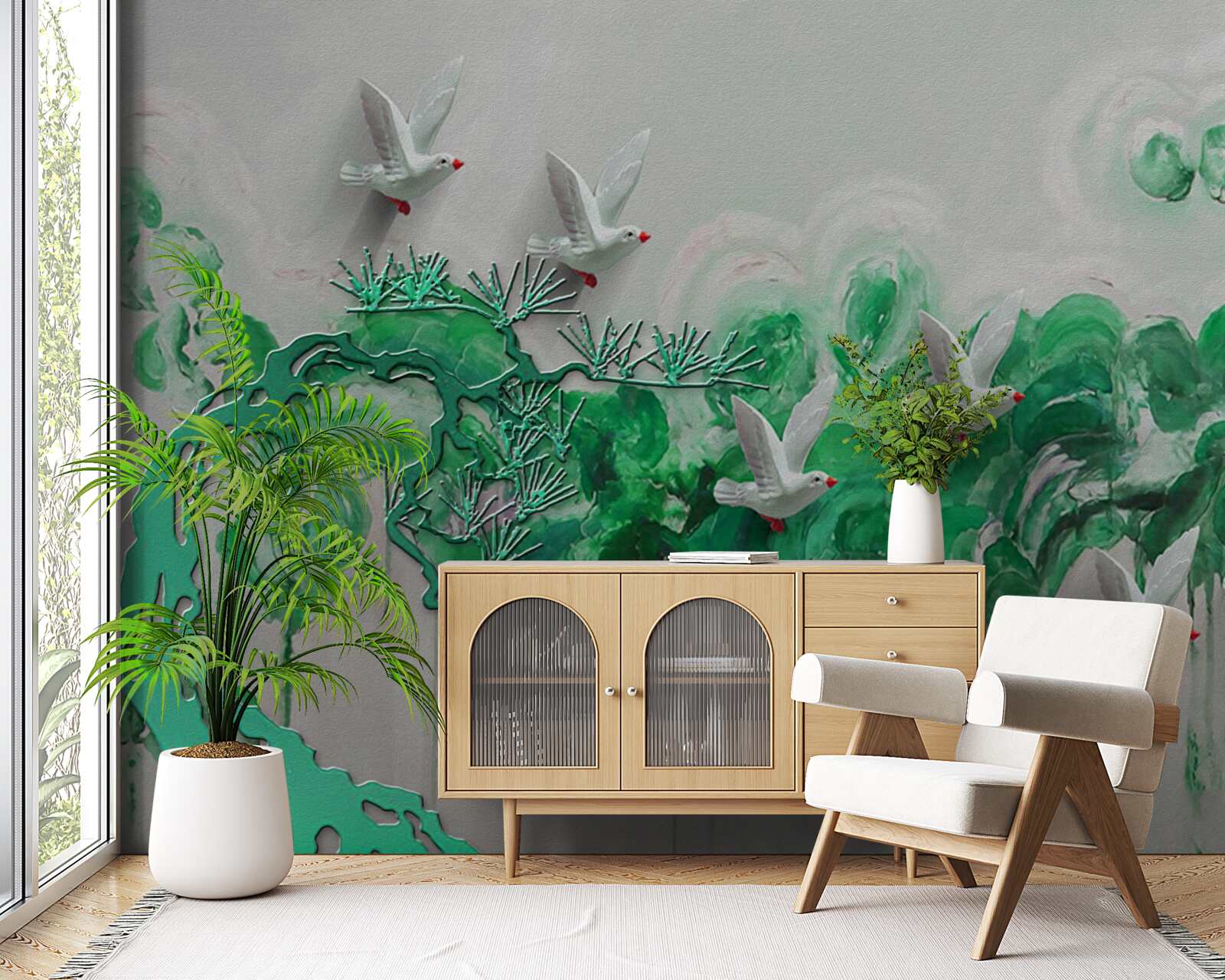 Papier peint oiseaux blancs et feuilles vertes