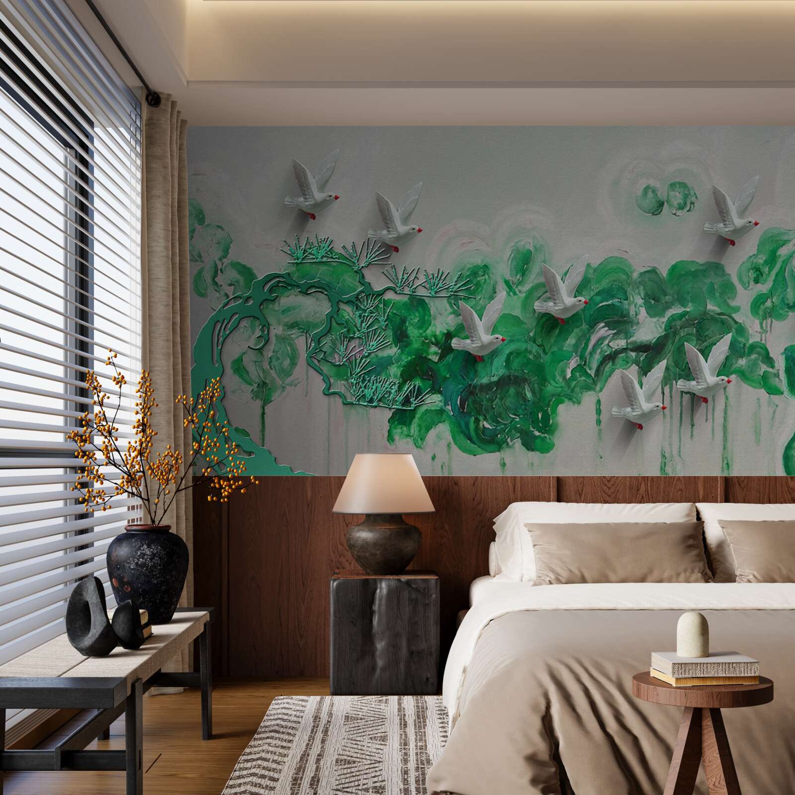 Papier peint oiseaux blancs et feuilles vertes