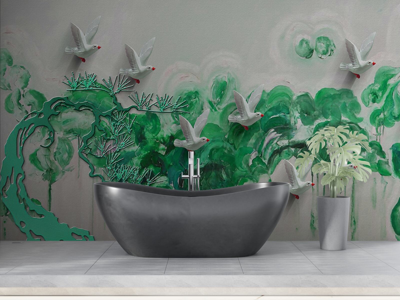 Papier peint oiseaux blancs et feuilles vertes