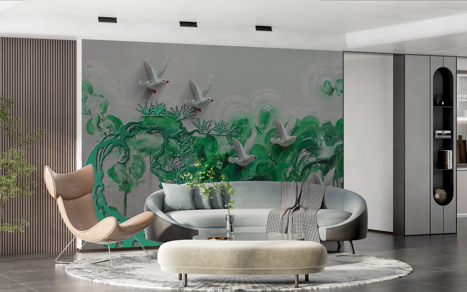 Papier peint oiseaux blancs et feuilles vertes