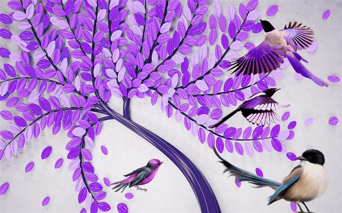 Papier peint Fleurs de lilas vivantes et plumes d'hiver