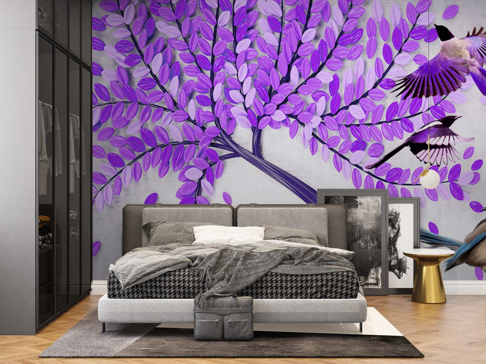 Papier peint Fleurs de lilas vivantes et plumes d'hiver