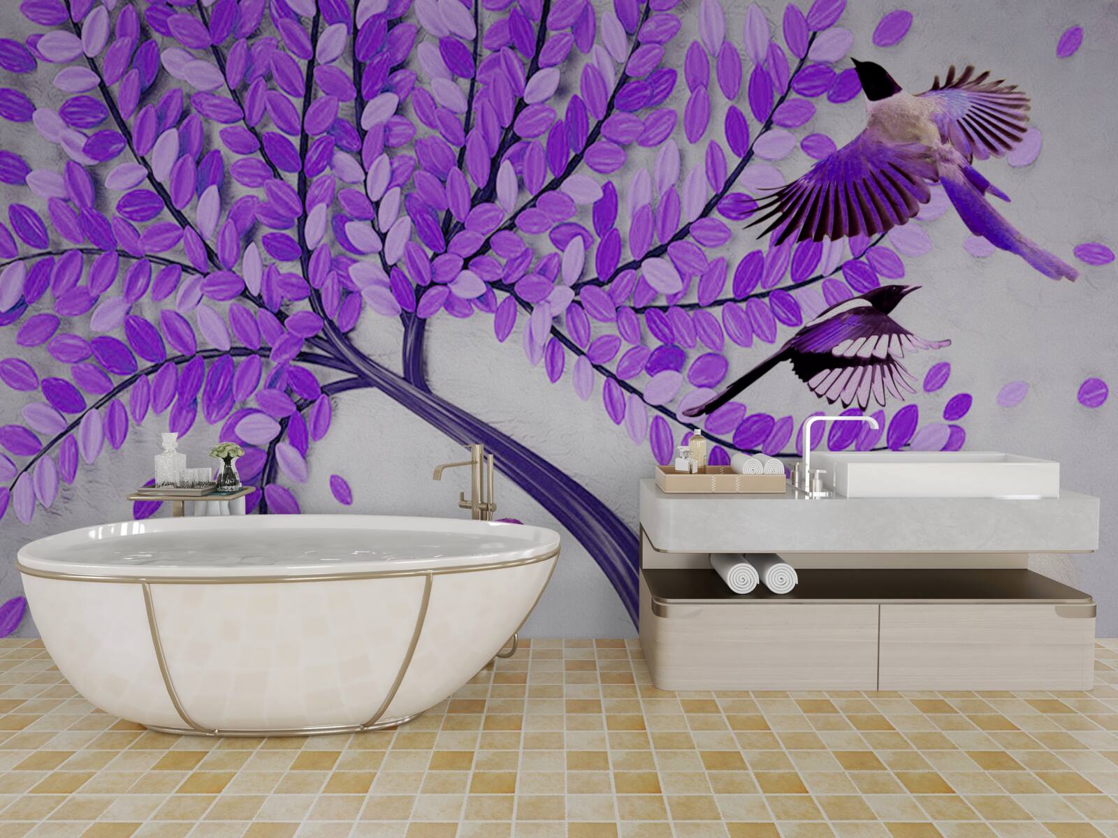 Papier peint Fleurs de lilas vivantes et plumes d'hiver