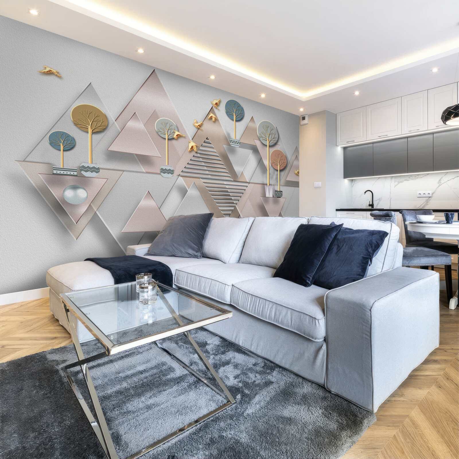 Papier peint le reflet de la forêt dans l'eau est présenté comme une abstraction géométrique